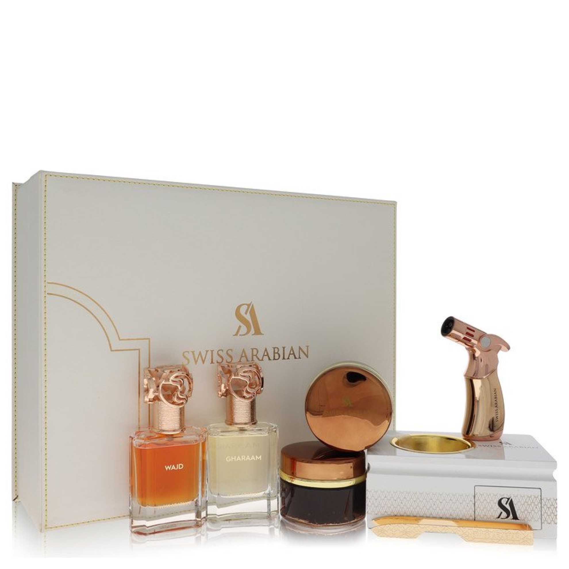 Swiss Arabian Bakhoor Dukhoon Al Haram Gift Set -- Gift Set contains 2 x 51 ml Eau De Parfum in Wajd & Gharaam + 2 x 60 grams of Incense in Dukhoon Al Haram & Oud Muattar Mumtaz